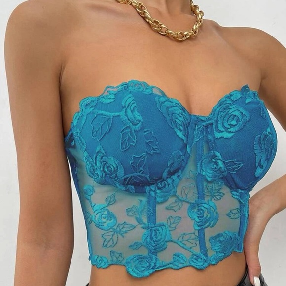 Boho black Lace Floral Embroidered Corset Bustier Crop Top - Picture 14 of 16